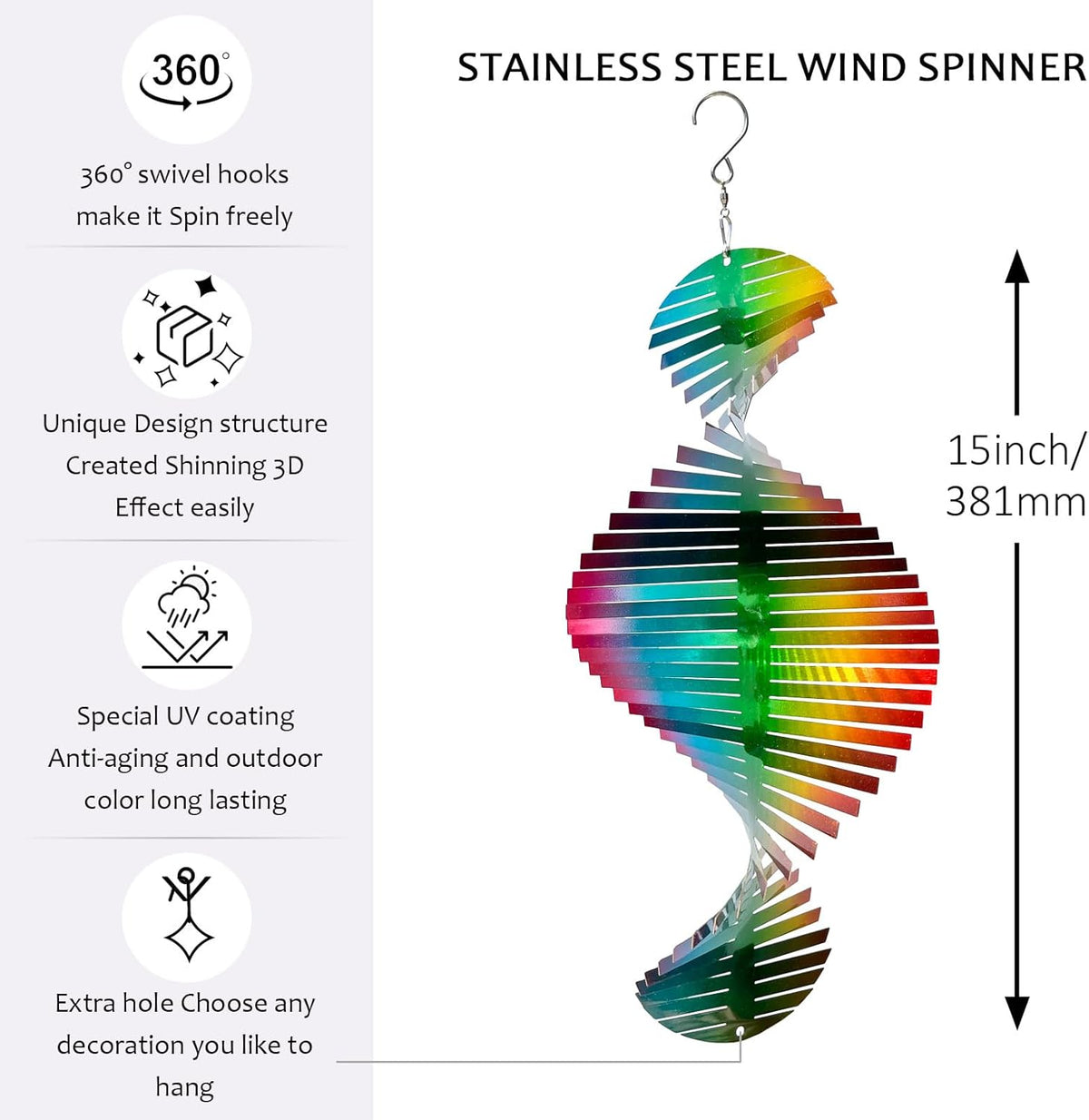 Wind Spinner Rainbow Wave Wind Spinners for Yard and Garden,15in Hanging Kinetic Yard Art Wind Sculpture,3D Wind Spinners Outdoor & Indoor Rainbow Helix Garden Decor Christmas Ornaments