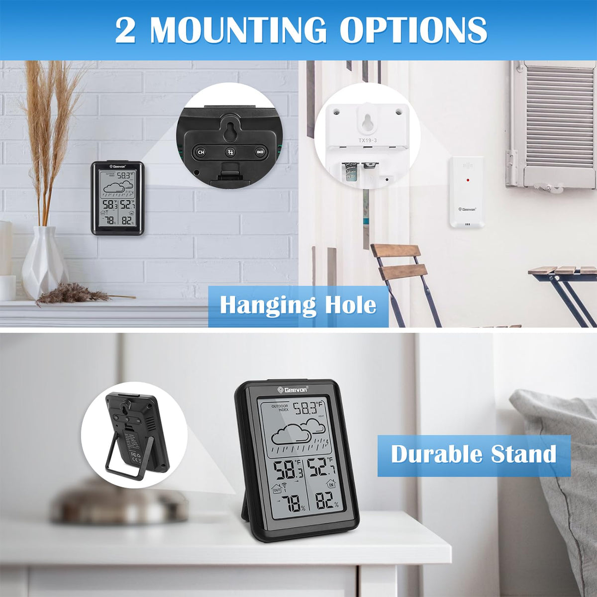 Geevon Indoor Outdoor Thermometer Wireless 200ft/60m, Digital Temperature Humidity Monitor with Large Display, Hygrometer with Weather, 3 Channel, Mold/Dew/Heat, 10s Backlight