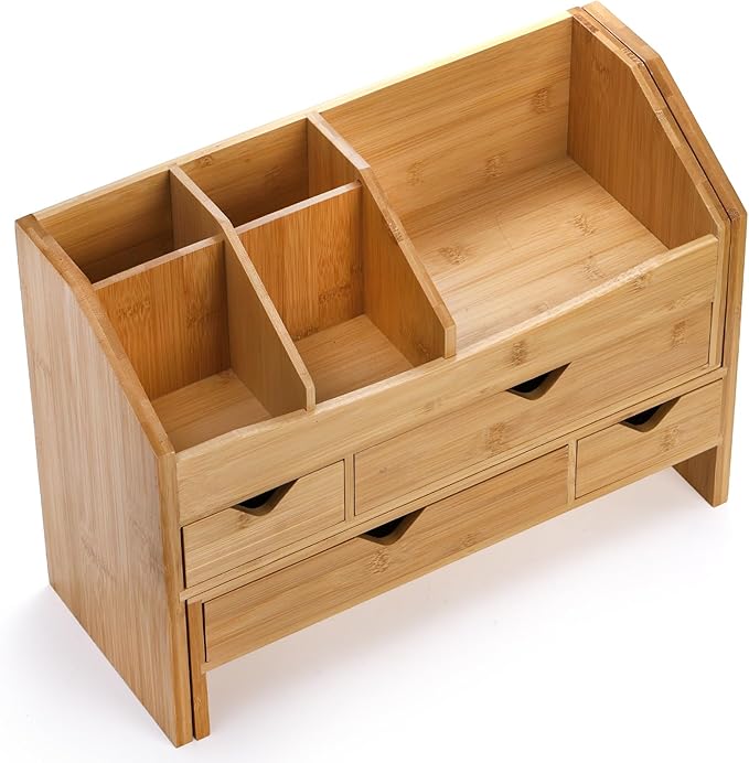 Lawei Bamboo Desk Organizer with Adjustable File Holder, Mini Desk Drawer Tabletop Organization Box with 4 Drawers for Makeup, Letter, Pens, Home Office Supplies, Vanity, 3 Layer, Fully Assembled