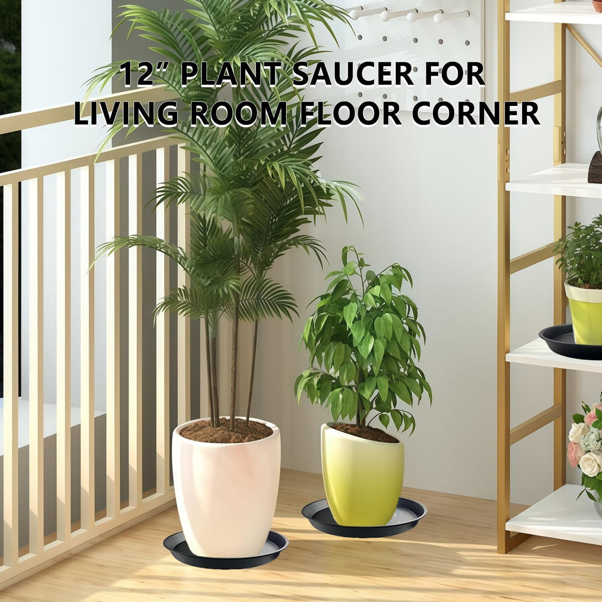 6 Pack 12-Inch Black Plant Saucer Trays, Thick PP Plastic Planter Bases for Large Pots, Strong Flower Pot Water Catcher Plates & Heavy Duty Drip Trays for Patio and Indoor Use