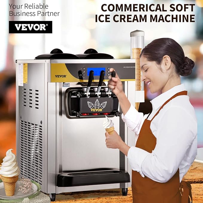 VEVOR Commercial Ice Cream Maker, 22-30L/H Yield, Countertop Soft Serve Machine with 2x6L Hopper 2L Cylinder LCD Panel Puffing Shortage Alarm, Frozen Yogurt Maker for Restaurant Snack Bar, Silve