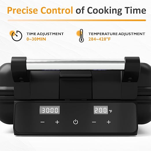 Sunvivi Stainless Steel Waffle Maker 4 Slices with Quick Heat-Up, Time & Temperature Control, LCD Display, Nonstick Surface, Perfect Waffle Iron for Kids and Families, Silver