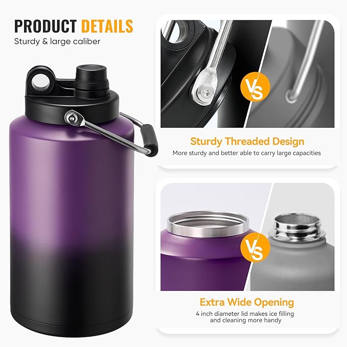 Kerilyn Insulated Gallon Jug with Handle, One Gallon, 128oz Stainless Steel, Large Double Vacuum Water Bottle for Hot & Cold Drinks, Wide Mouth, Sweat Proof, Great for Travel, Camping, Purple Gradient