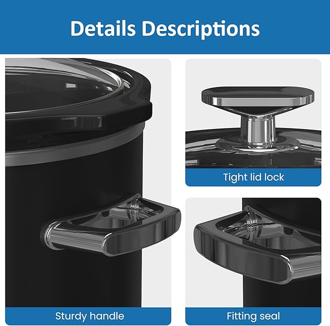 SUNVIVIPRO Small Slow Cooker with Removable Ceramic Pot, Food Warmer with 3 Heating Settings & Dishwasher Safe Glass Lid, Black