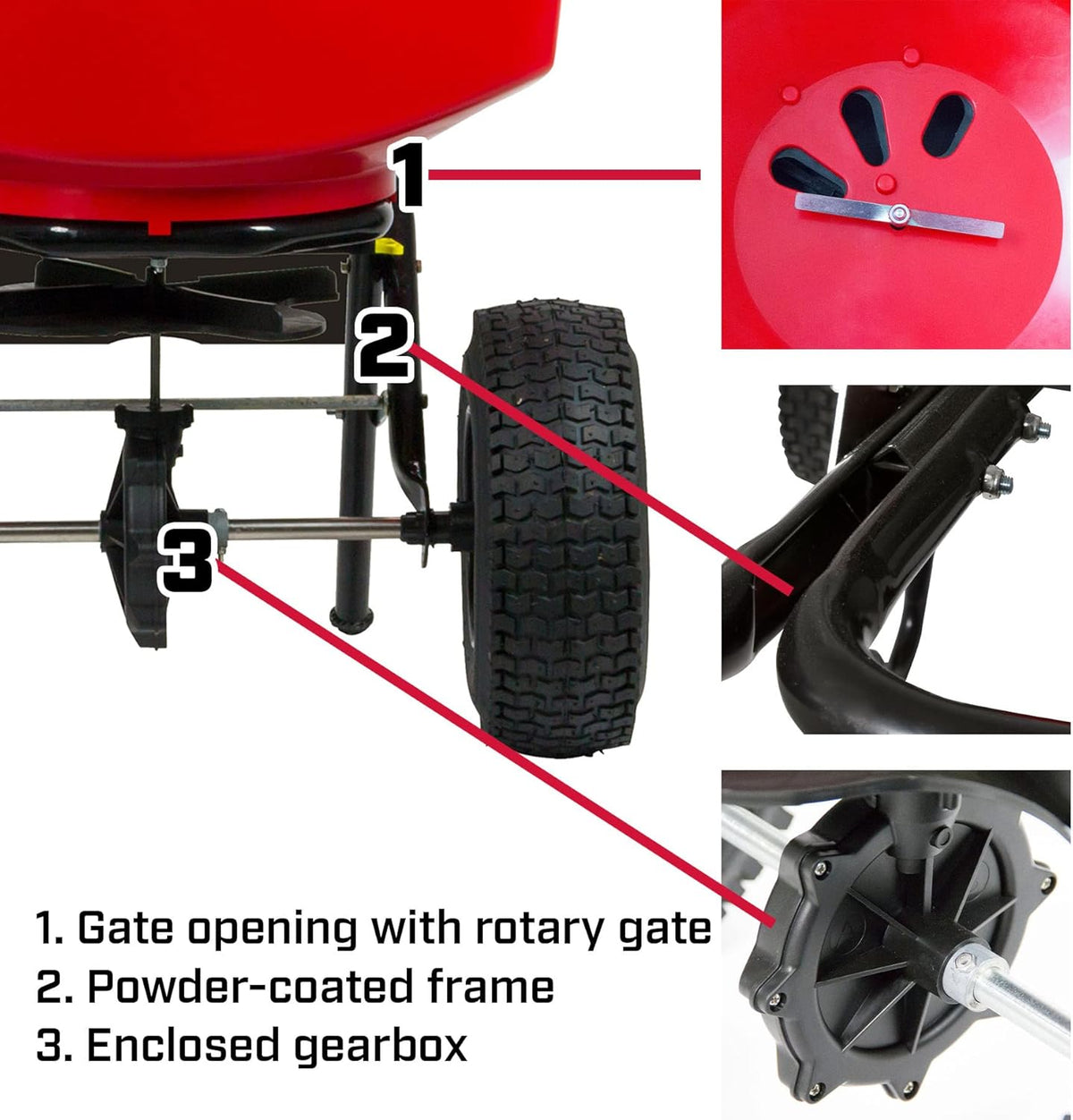 Chapin 8303C Made in the USA 100 lb. Contractor Turf Broadcast Spreader with Enclosed Gears System, Rugged Powder Coated Steel Frame, 12 Inch Tire, Includes Rain Cover and Grate, Red