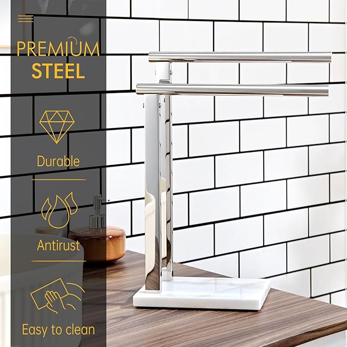 KOKOSIRI Hand Towel Bars Standing Towel Rack 2-Tier with Marble Base for Bathroom Vanity Countertop, Polished Stainless Steel 15.7'' Height THS0007-CH