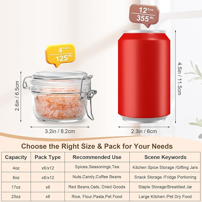 4oz Mini Airtight Glass Jars with Clamp Lid – Small Glass Food Storage Containers for Jam, Honey, Sauces, Yogurt & Dessert Portions, Clear Kitchen Mini Jars