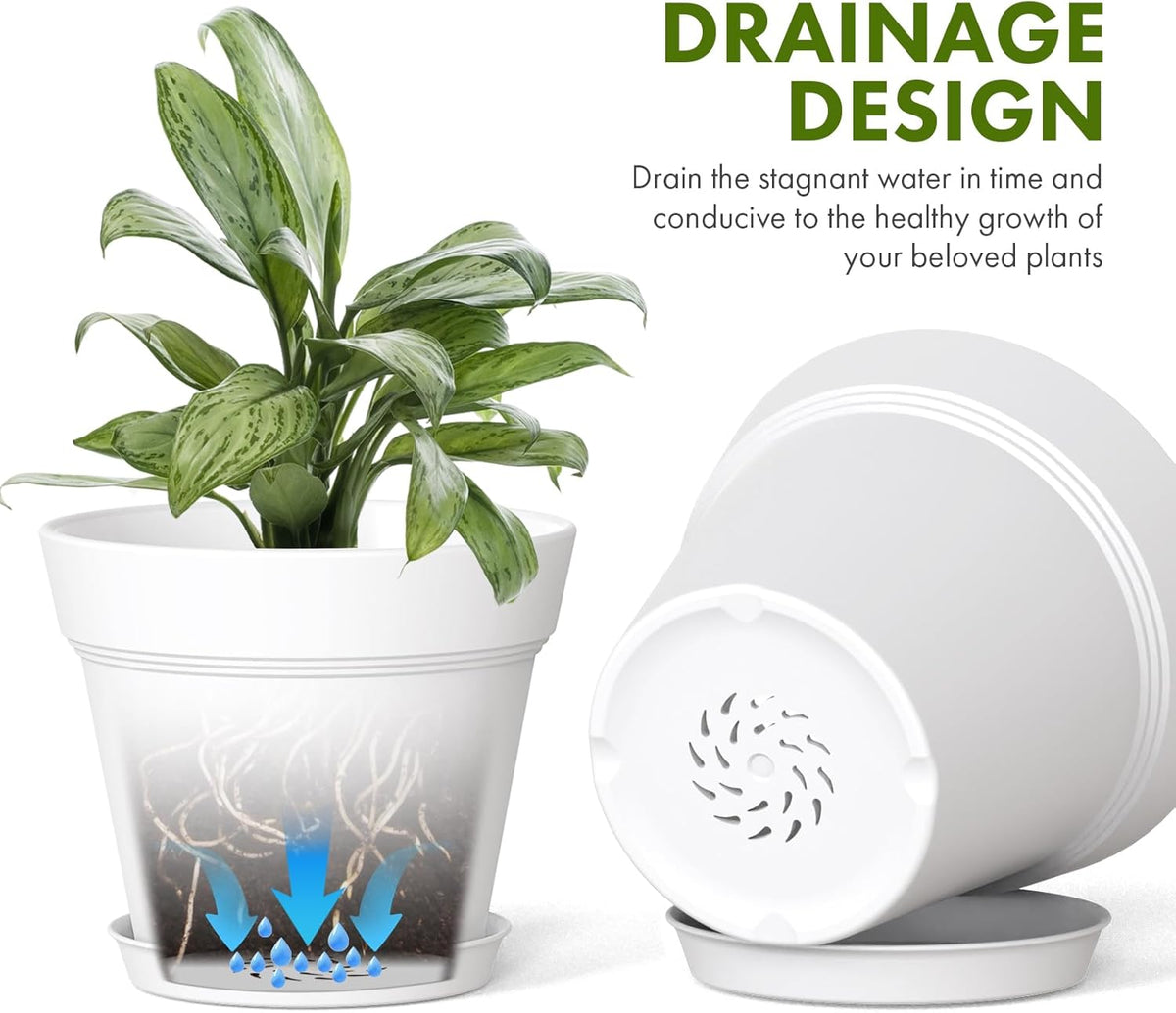 7 Inch Thick Plastic Plant Pots with Drainage Holes and Trays – 6 Pack Nursery Pots for Indoor & Outdoor House Plants, Seedling Starter Planters for Garden Flowers, White
