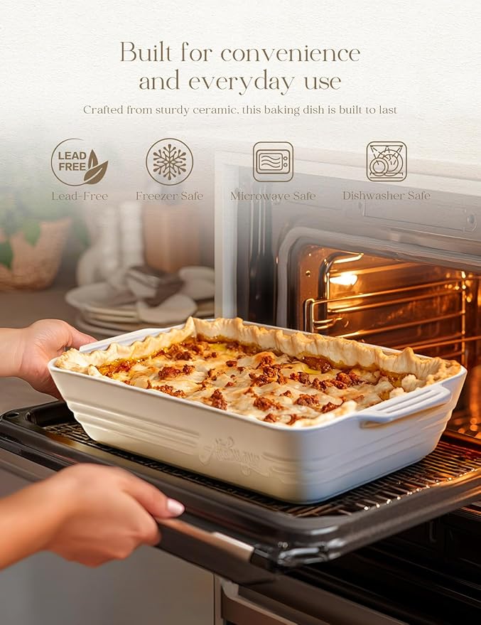 Ceramic Baking Dish Set, 3-Piece Casserole Dishes for Oven, Rectangular Baking Pans, Deep Lasagna Pans with Handles, Multi-Size Set for Cooking, Baking, Serving, and Gifting, White (16.1''/12.2''/9'')