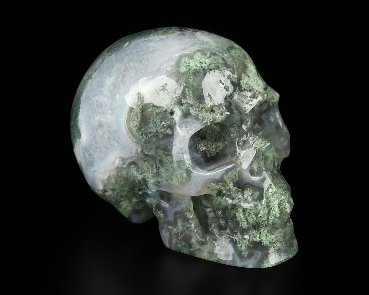 Skullis 2.0” Green Moss Agate Crystal Skull, Hand Carved Gemstone Fine Art Sculpture, Reiki Healing Stone Statue.