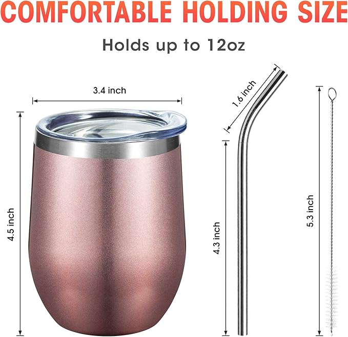 COMOOO Rose Gold Stainless Steel Wine Tumbler Bulk with Lid and Straw 12oz Double Wall Vacuum Insulated Travel Tumbler Cup for Coffee Wine Cocktails Ice Cream Cup Rose Gold, 12 pack