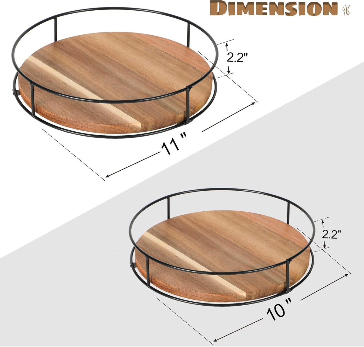 [ 2 Pack ] 10" & 11" Acacia Wood Lazy Susan Organizers with Steel Sides, Lazy Susan Turntable for Cabinet, Kitchen Turntable Storage for Table, Countertop, Pantry