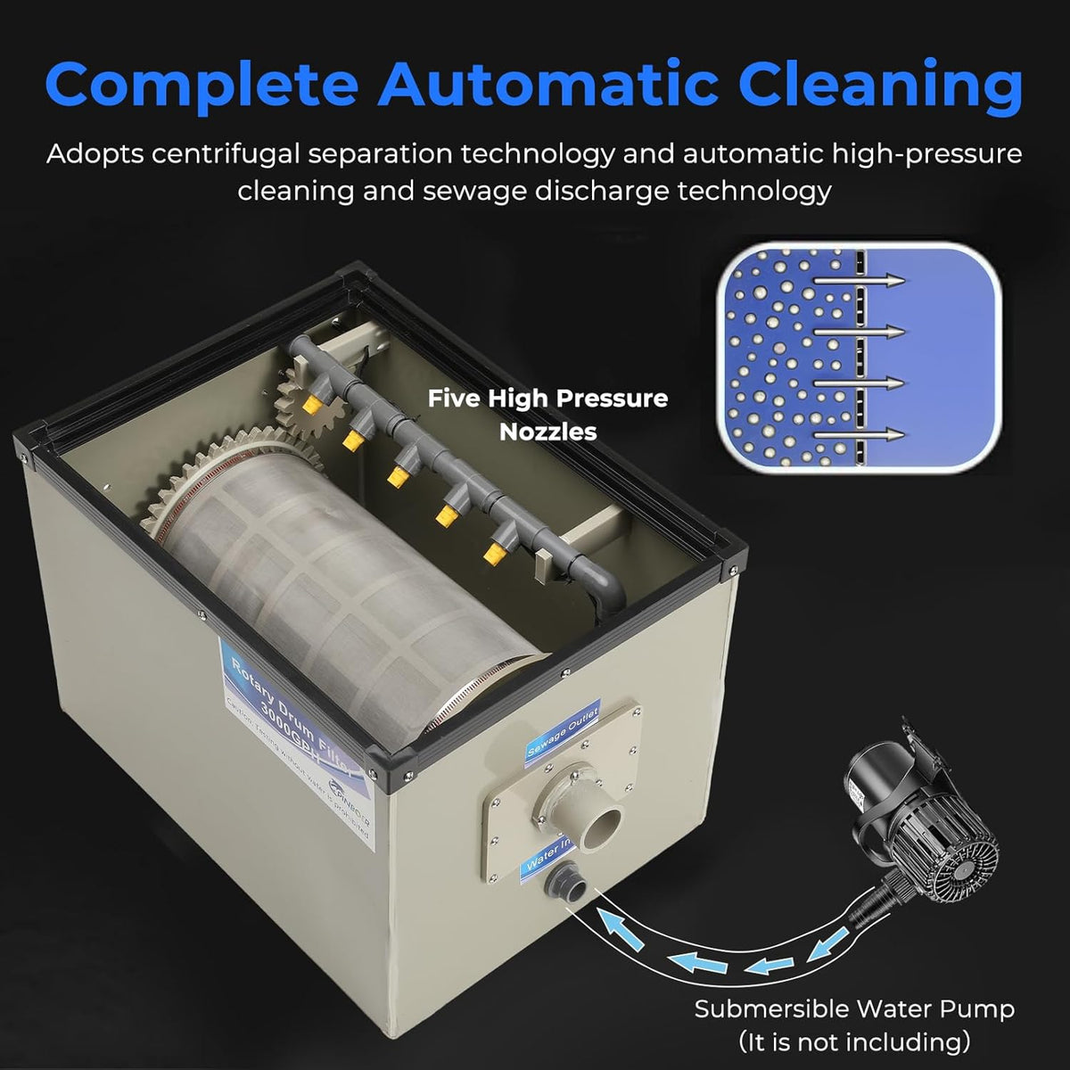 Rotary Drum Filter-3000GPH Canister Filter AC110-240V RDF Fully Automatic Water Self-Cleaning Filtration for Koi Pond,Fish Pond,Aquarium,Fish Farm,Seedling Cultivation Base,Aquaculture,Hydroponics