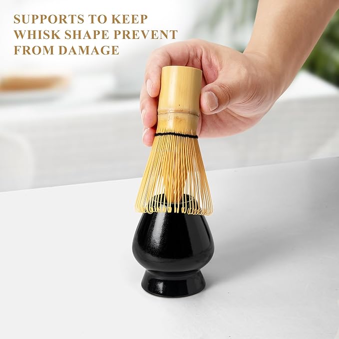 Matcha Whisk Set, Matcha Making Kit Whisk (Chasen Holder), Ceramic Whisk Holder (Black), Bamboo Scoop, Powder Starter Sifter, Spoon Japanese Tea Tools For Ceremony Gift