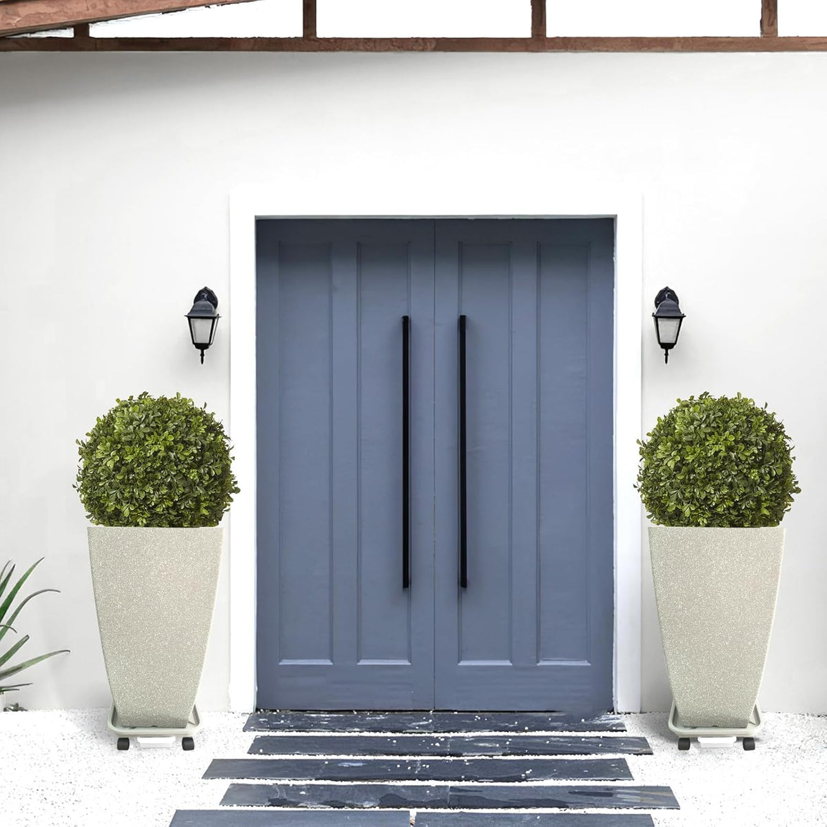 Set of 2 Large Tall 21 Inch Planter Pots Indoor/Outdoor-Matte Grey Square Flower Planters with Tray for Patio, Front Door, Deck | Weather-Resistant & Lightweight Plastic (Grey)