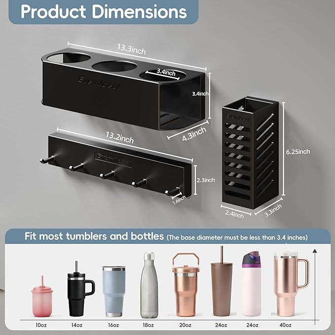 Magnetic Cup Holder for Fridge for 20/30/40 oz Stanley Tumblers Water Bottle Holders & Lid Hook Organizers with Straw Accessories Storage (3 Cups, 5 Hooks)