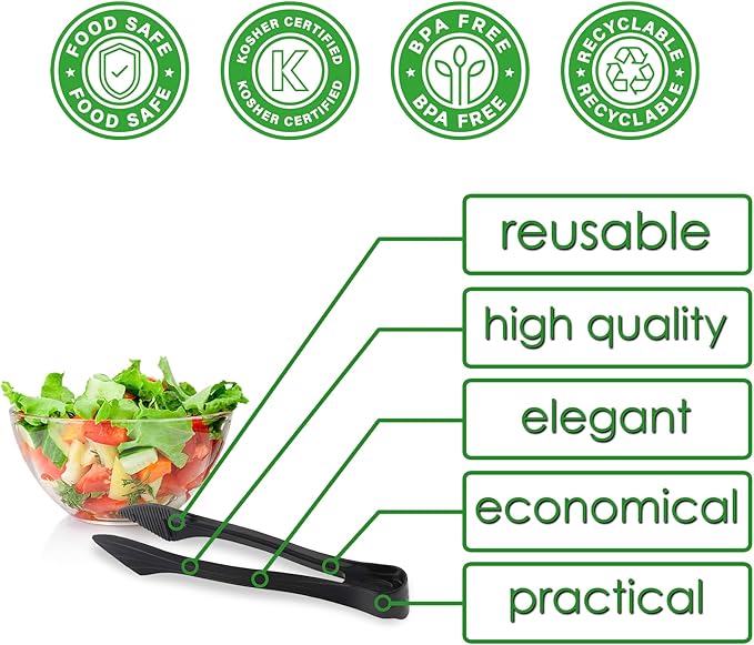 PARTY BARGAINS 8.5 Inches Plastic Serving Tongs, 24 Pack, Premium Quality & Heavy-Duty Black Plastic Tongs for BBQ, Salads, Grilling, Buffets, & Kitchen