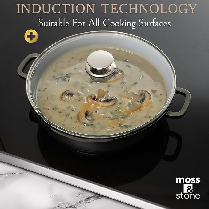Moss & Stone 12 Inch Nonstick Large Skillet with Lid, 5 Quart Deep Saute Pan, Dishwasher & Oven Safe, Double Handled Frying Pan With Lid, PFOA Free Induction Compatible Cookware