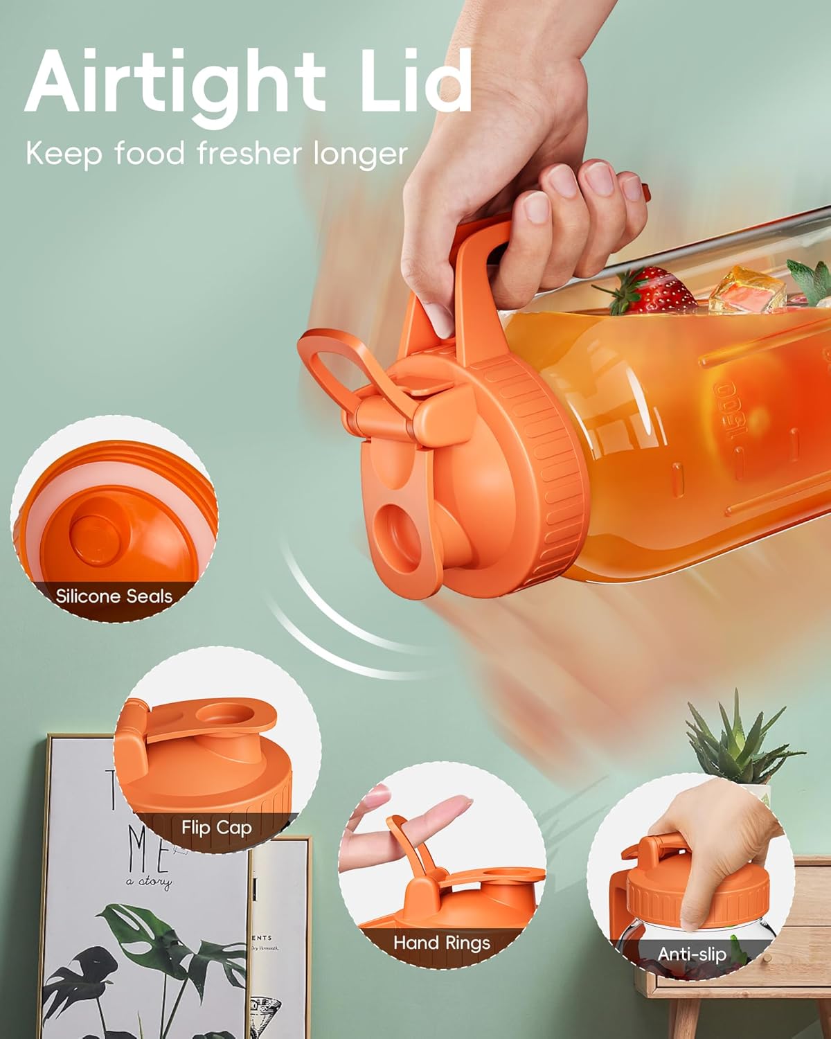 Glass Pitcher with Airtight Lid and Spout, 64oz Glass Mason Jar | Wide Mouth | Leakproof | Water Jug for Juice, Sun Iced Tea, Cold Brew Coffee, Milk Storage, Orange