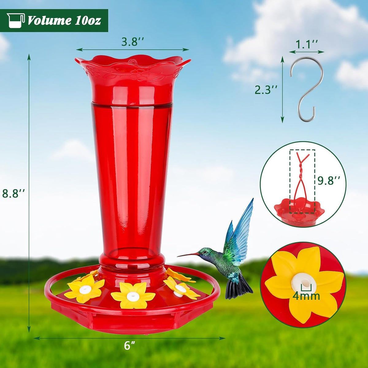 Glass Hummingbird Feeders for Outdoors Hanging Ant and Bee Proof Red 10 OZ Bird Feeders for Outside Hanging 6 Feeding Stations Bird Nectar Feeder for Garden Yard Décor Gifts for Mom