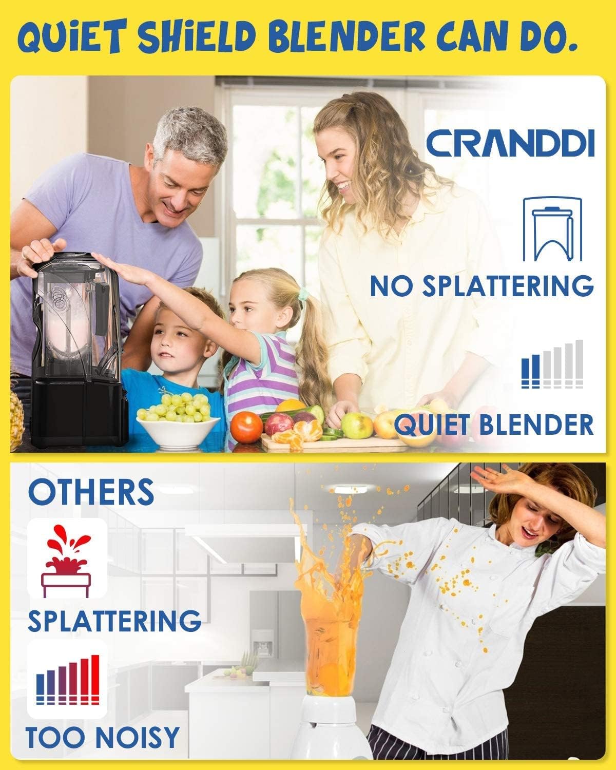 CRANDDI Quiet Commercial Blender with Soundproof Shield, 2200 Watt Professional Blenders for Kitchen with 80oz Jar and Self-Cleaning, High-Speed Blenders K90 Black