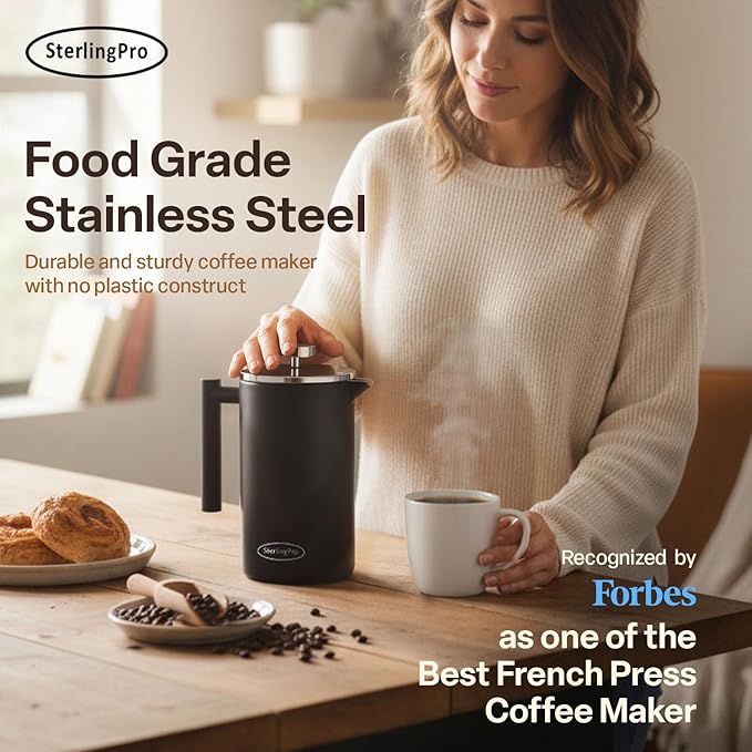 SterlingPro Stainless Steel French Press Coffee Maker 1 L (34 oz) Black – Double Walled Insulated Large Coffee Press, Durable Design Keeps Drinks Hot, Easy to Use and Clean for Rich Flavor Brewing