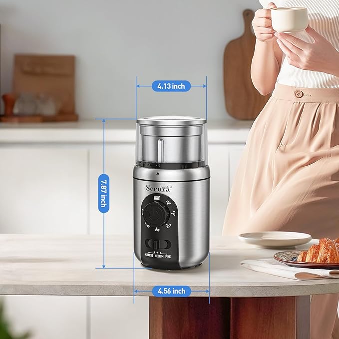 Secura Brands Electric Coffee Grinder for Coffee Beans, Spices, Herbs Adjustable Coarse to Fine Setting for 12 Cup Capacity with 1 Removable Stainless Steel Bowl, Ideal for Home Use, RV