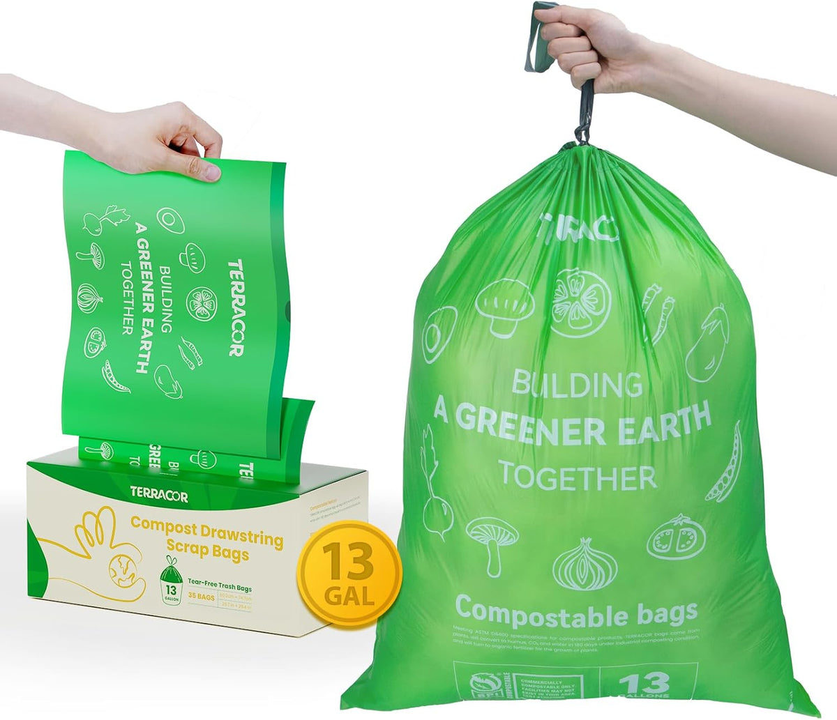 13 Gallon Compostable Trash Bags Liners Drawstring, Heavy Duty Extra Thick 1 Mil, 49.21 Liter, 35 Bags, Tall Kitchen Food Scrap Waste Bag, ASTM D6400