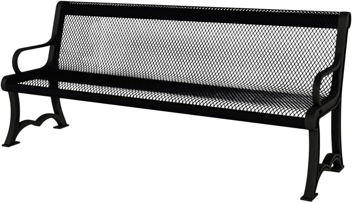 Coated Outdoor Furniture Heavy-Duty Outdoor Bench Thermoplastic Coated, Expanded Metal, Commercial-Grade Garden Bench, Made in America (Portable with Back, 4 Ft, Black)