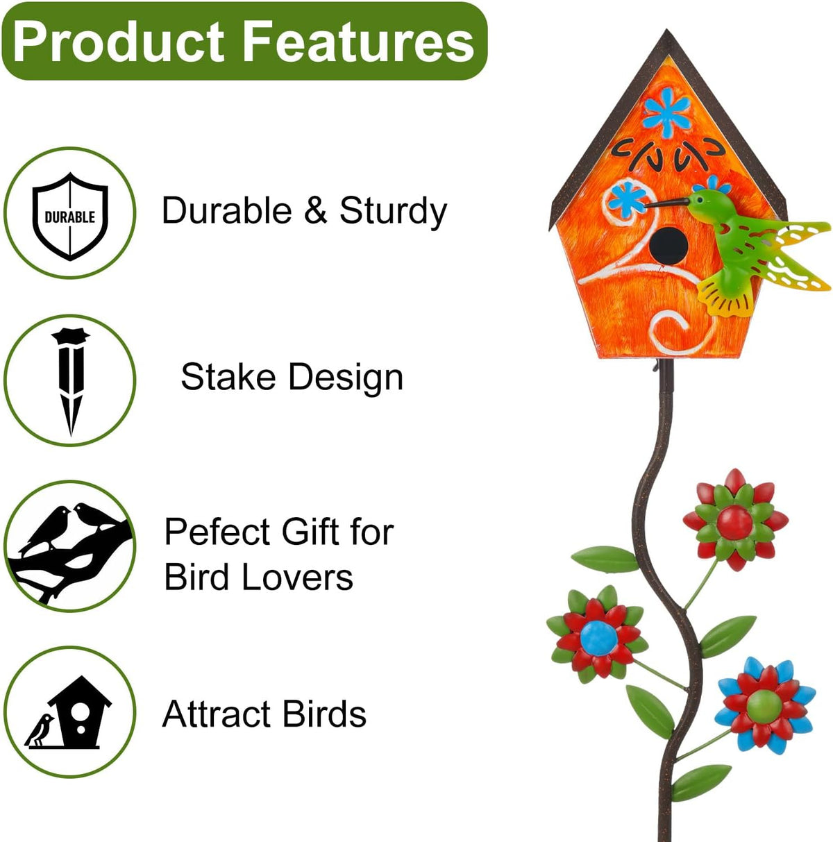 51” Bird Houses Stake for Outside, Metal Wild Bird Feeder Birdhouse Stake Pole with Hummingbird Design Outdoor Decorations for Patio, Backyard, Garden