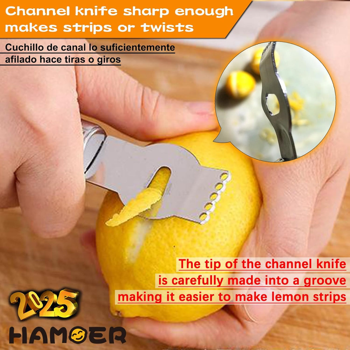 Citrus Lemon Zester & Channel Knife Tool for Kitchen Bar, Stainless Steel Blade, Ergonomic Design, Wooden Handle & Rubber & Plastic Handle Set Tool