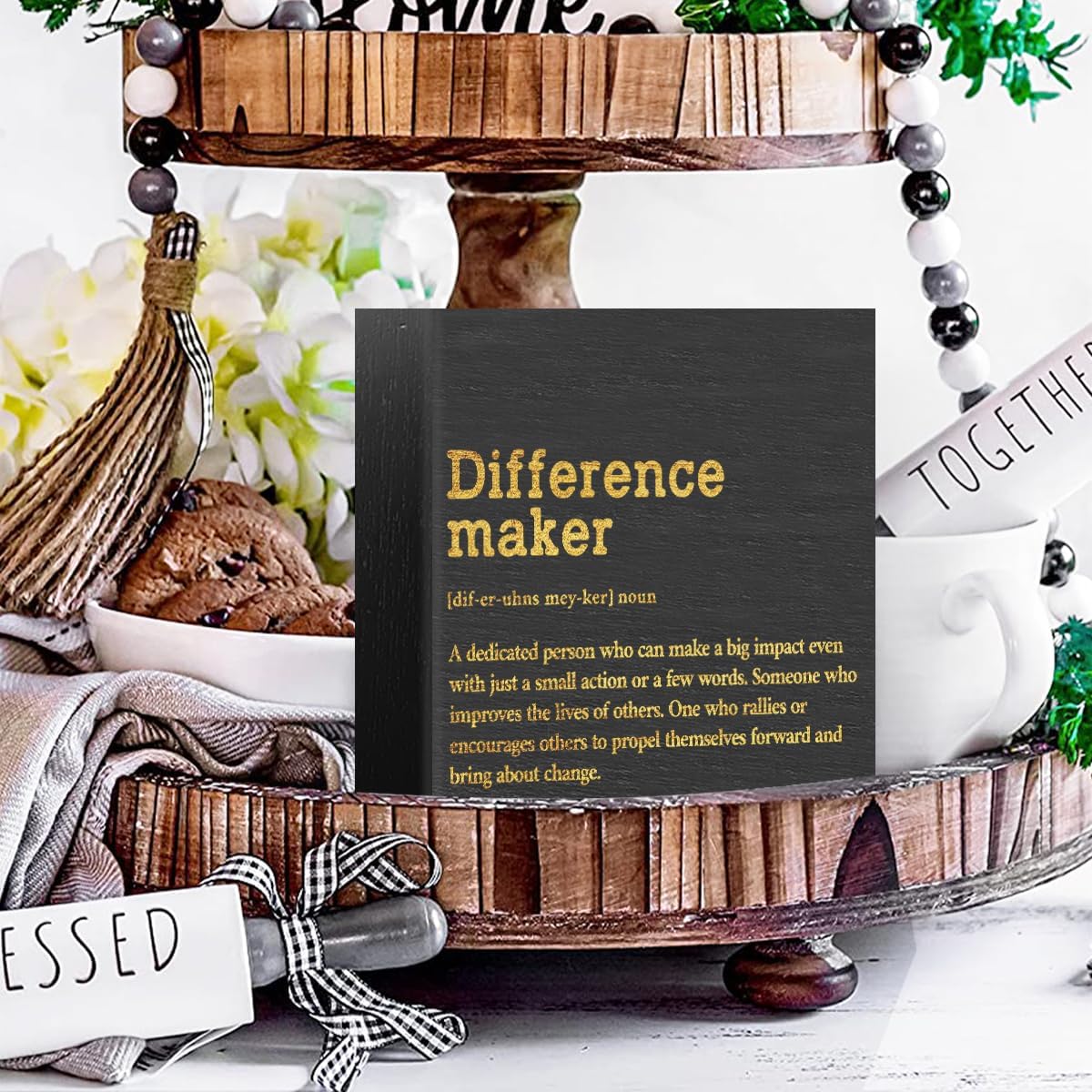 Difference Maker Definition Home Office Decor Wooden Box Sign, Appreciation Gifts for Teacher Nurse Boss Coworker Cubicle Desk Accessories Table Shelf Plaque Sign, Motivational Wall Decor, Black