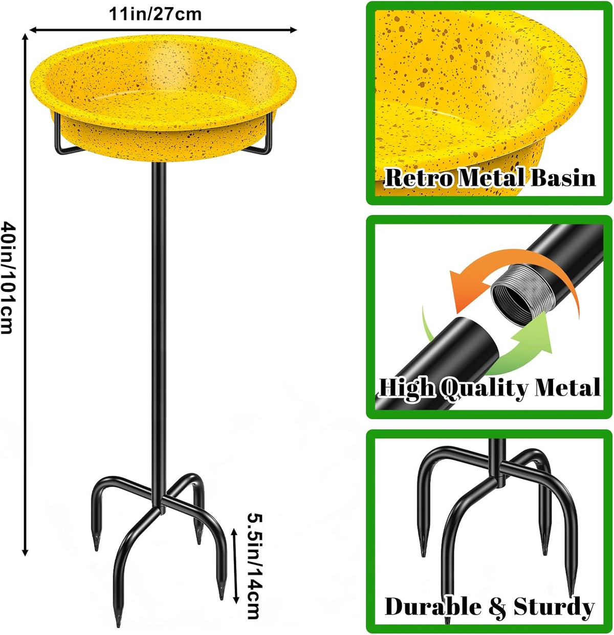 Metal Bird Bath for Outside, Freestanding Birdbaths Detachable Decoration Spa Birdfeeder, Bird Baths Feeder Bowl for Outdoors Garden Patio Yard Lawn Decor(Yellow)