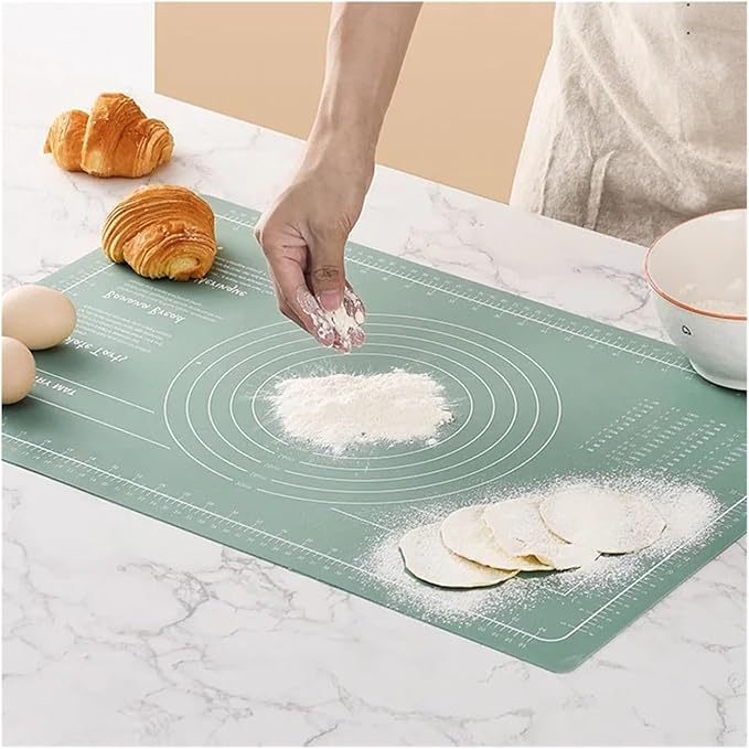 Silicone Measuring Kneading Pad Set Household Rolling Pin Dough Large Thick Non-slip Non-stick Bottom Baking Tool(Rolling pin green)