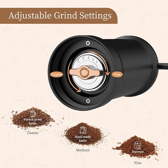 Stainless Steel Burr Hand Coffee Grinder by ELMWAY - Durable Manual Coffee Grinder with Glass Jar, Adjustable Grind Setting, Portable for Travel & Home, Gifts for Coffee Lovers - Black