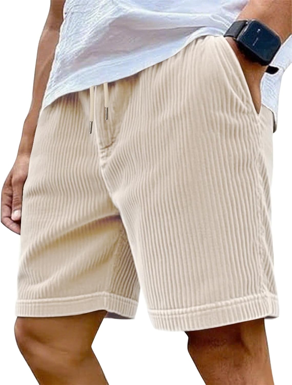 Mens Cargo Shorts Casual Drawstring Elastic Waist Corduroy Summer Beach Shorts with Pockets