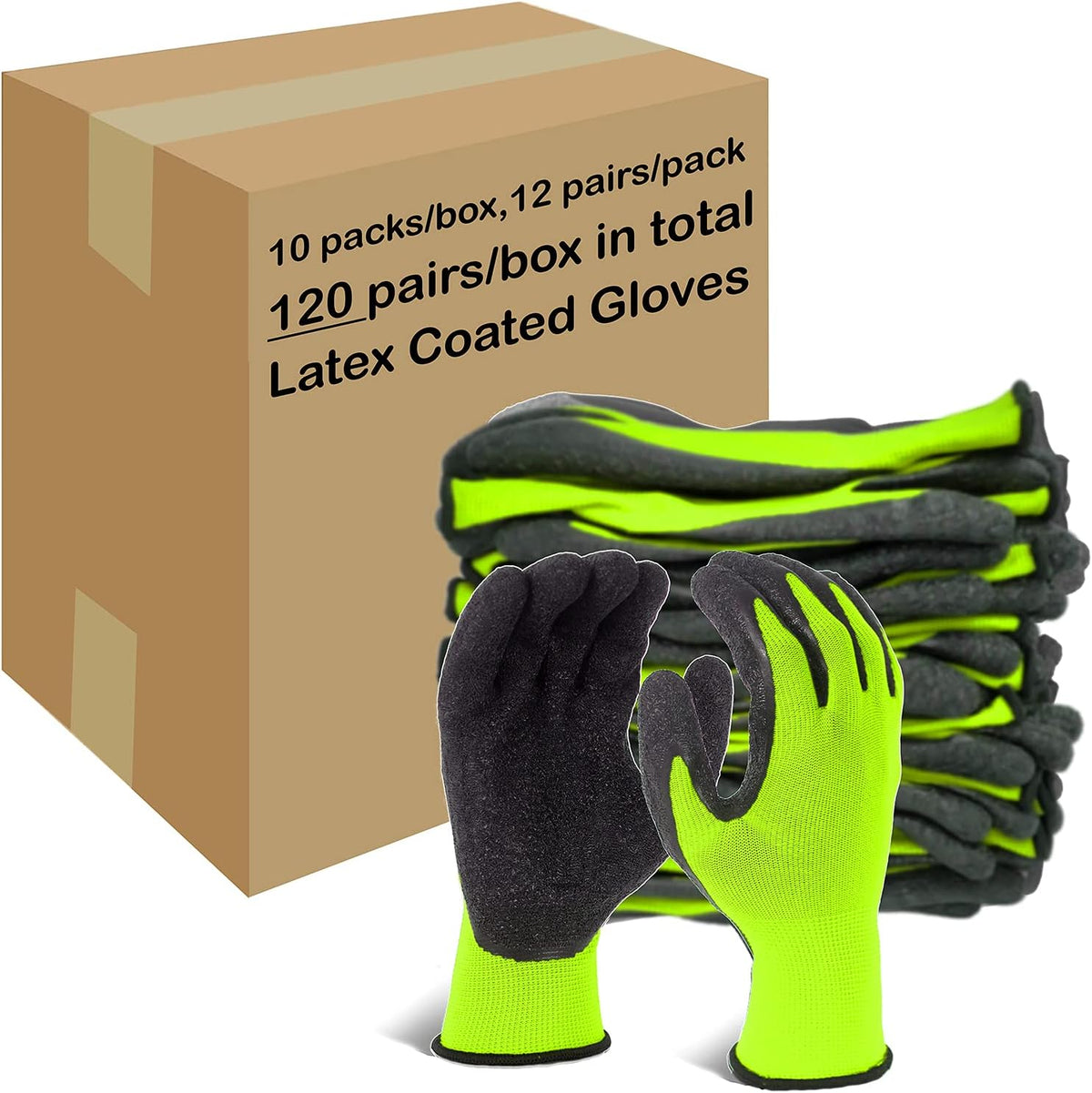 Evridwear Crinkle Latex Rubber Hand Coated Safety Work Gloves for Men Women General Multi Use Construction Warehouse Gardening Assembly Landscaping (L-Size) Lime 120 Pairs Pack