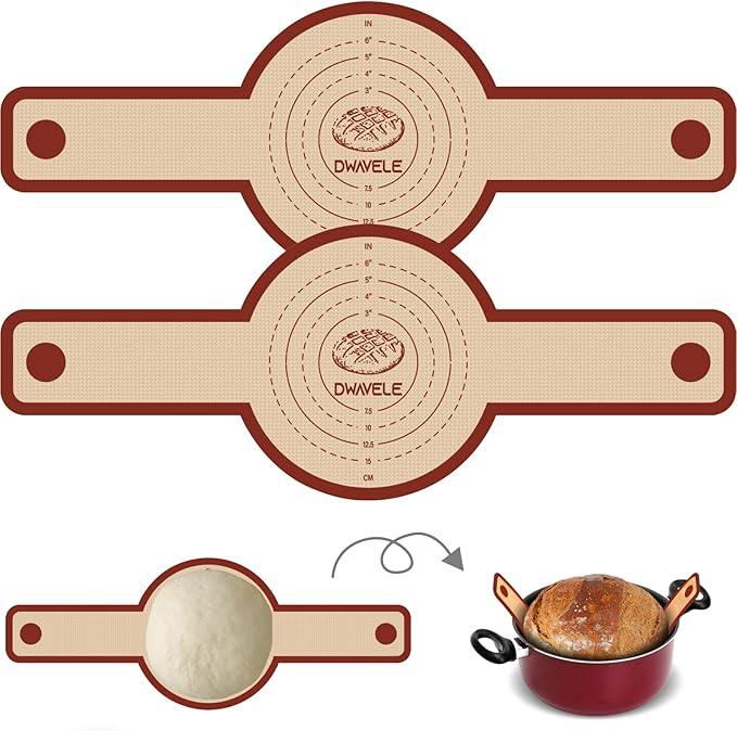Silicone Bread Sling for Dutch Oven, Non-Stick & Easy to Clean Bread Baking Mat Set, 2 Pcs Reusable Bread Sling with Long Handle to Transfer Sourdough (Red, 2PCS Round)
