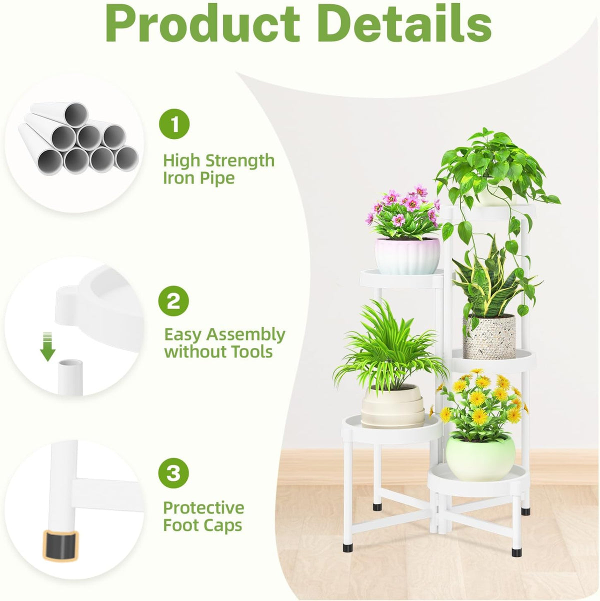 iDavosic.ly 5 Tier Folding Plant Stand Indoor Outdoor with Plastic Tray, Tiered Corner Flower Holder Shelf, Metal Orchid Display Rack for Patio Porch Living Room Garden Balcony, White