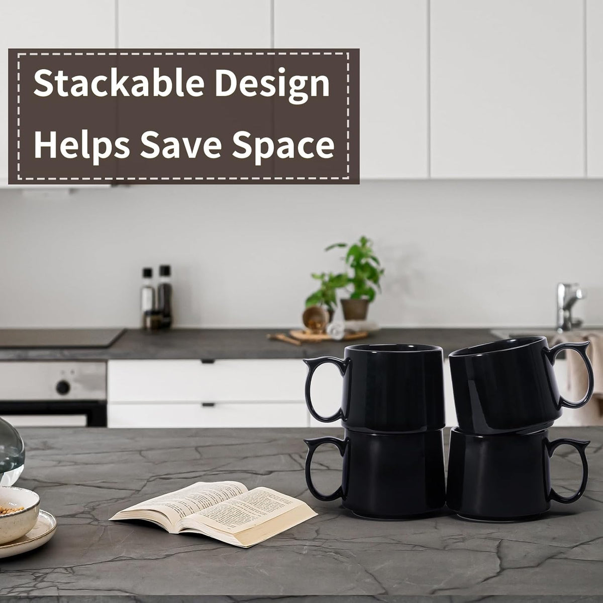 19 oz Large Coffee Mugs Set of 4, Stackable Ceramic Coffee Mugs with Large Handles for Coffee, Latte, Cappuccino, Milk, Dishwasher & Microwave Safe, Ideal for Men, Women, Dads and Moms (Black)