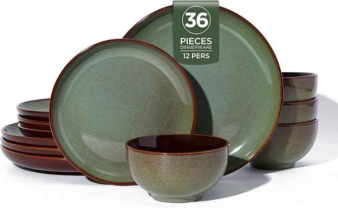 36 Piece Stoneware Dinnerware Sets, Ceramic Plates and Bowls Set, Microwave & Dishwasher Safe Kitchen Dish Set, Modern Dinner Salad Plates | Cereal Bowls for 12, Dishware Sets Sage Green