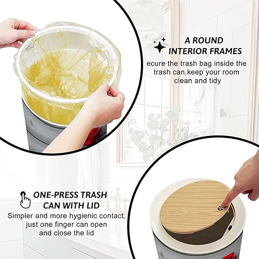 Trash Can with Lid Red Rose Black White Press Top Round Small Garbage Bin with Wooden Legs Waste Basket for Kitchen Bedroom Nursery 7L/1.8 Gallon