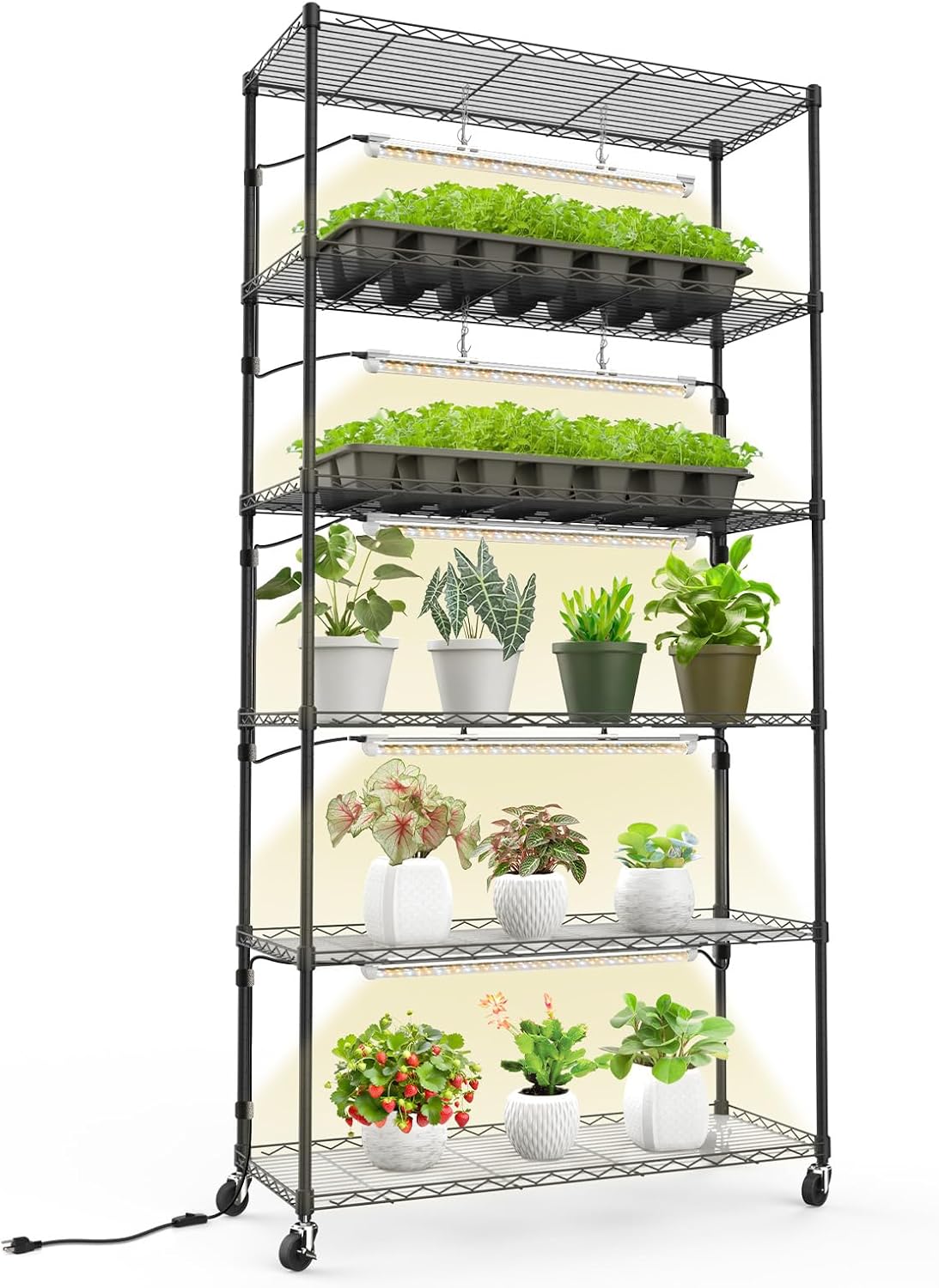 Plant Shelf with Grow Light, Metal Plant Stand with Adjustable Rack and Wheels, 5 Pack T8 Full Spectrum Grow Light Strip for Indoor Plants, Seed Starting, Seed Tray, 35.4"x13.8"x71"