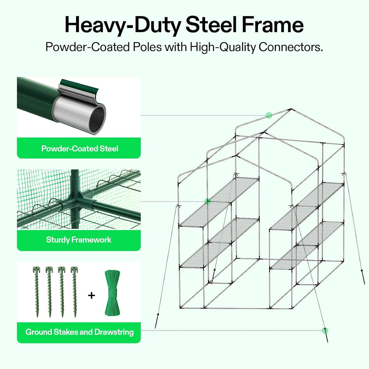 VIVOSUN 57x57x77 Inch Mini Walk in Green House with Window and Anchor, Plant Garden Hot House 2 Tiers 8 Shelves, 4.7 x 4.7 x 6.4 FT