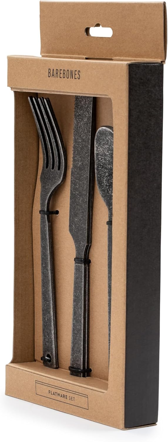 Barebones Flatware Silverware Set - Formal Camping Utensils - Stainless Steel Cutlery Set of 6 - Camping Utensil Set with Forks, Knives, and Spoons (Matte Black)