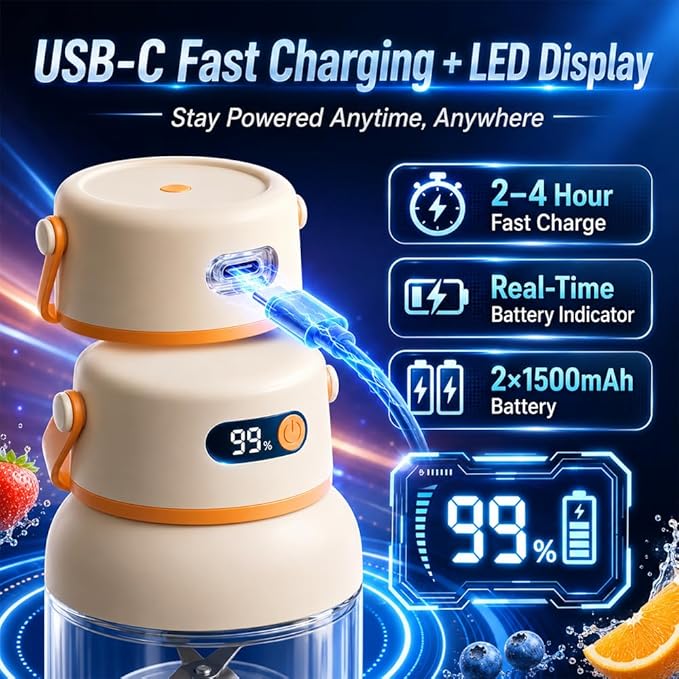 Portable Electric Juicer Cup with Zero Cord Hassle, 1200ml Multifunctional Wireless 2-In-1 Dual Lid Personal Blender Bottle with Straw 38-Blades USB Rechargeable for Gym Office Outdoor (1000ml)