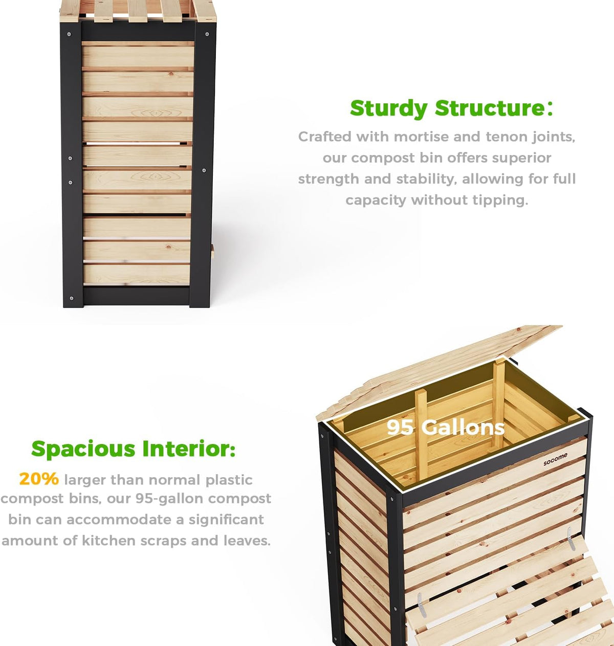 95 Gallon Solid Wood Composter, Outdoor Compost Bin with Pull-Out Door, Large Composting Bin for Backyard, Garden, Patio, Natural