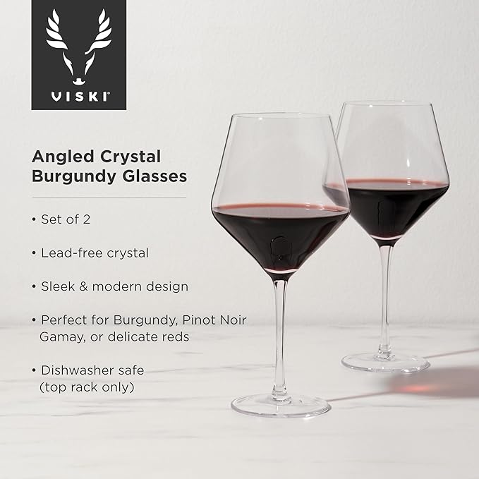 Viski Raye Angled Burgundy Wine Glasses, Crystal Clear Red Wine Glasses for Wedding, Anniversary, Birthday Gifts for Women and Men, Home Bar, Elegant Glassware, 21 oz, Set of 2