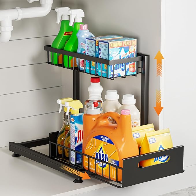 Saydear Under Sink Organizer Storage 2-Tier Premium Metal Pull-Out Racks, Height Adjustable, Easy Installation | Kitchen & Bathroom Organizers