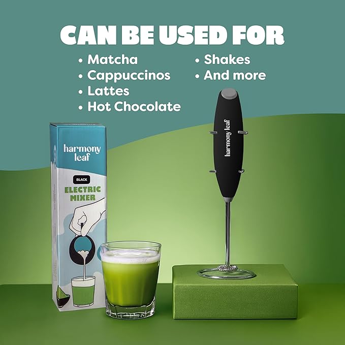 Harmony Leaf Handheld Milk Frother, Stainless Steel Electric Drink Mixer with Stand, Battery Operated Coffee Frother for Lattes, Matcha, Hot Chocolate and More, Black